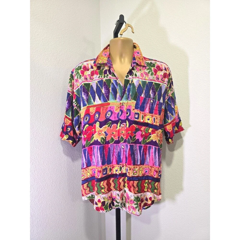 Vintage Modern Culture Hawaiian Button Down Shirt Mens Med Colorful Art Abstract